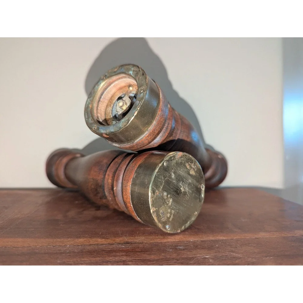 Vintage Wood Salt and Pepper Mill Set Brass Accents Made in Japan Mid Century